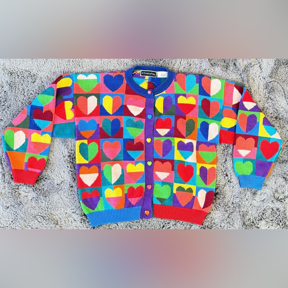Christine Foley Size 2 Vintage Button Up Colorful Heart Pattern Cardigan Sweater